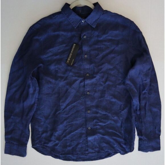 Banana Republic Men's Sz M Navy Blue Standard-Fit Button Down Linen Shirt $85 - Picture 10 of 15